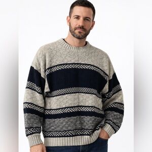 Porto Bello Italian Knit Sweater Textured Nordic Pattern Gray Navy Pullover L